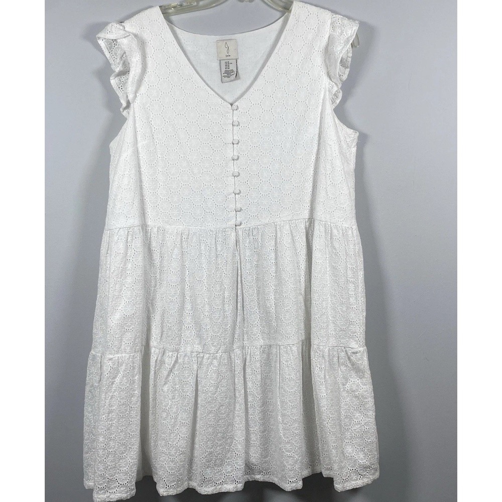 Joie Babydoll White eyelet tiered mini dress Women's Sz XL Y2K Girly Romantic